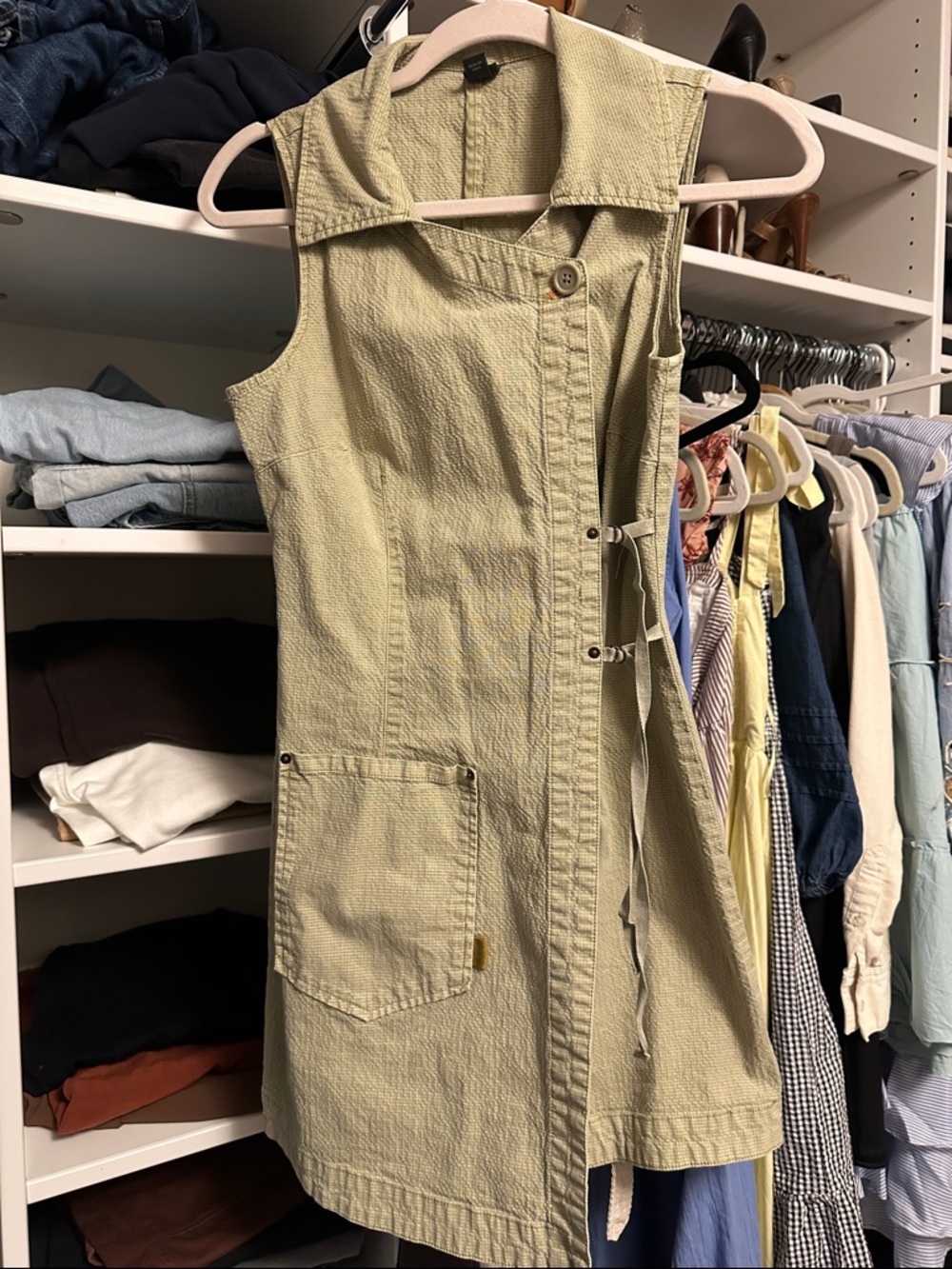 Sleeveless Button-Front Utility Dress in Pale Olive